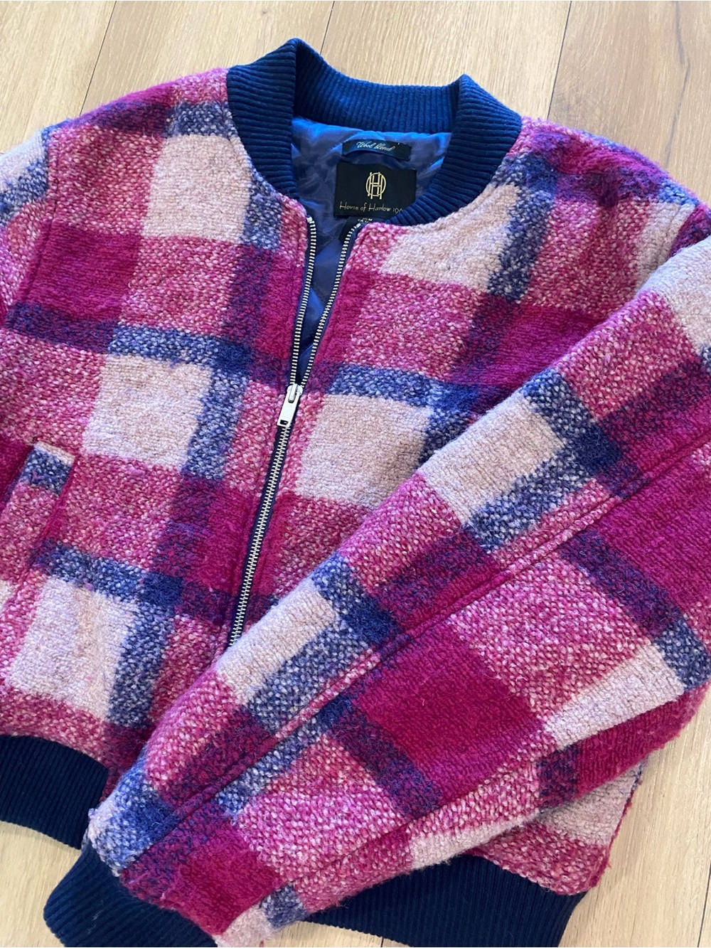 House Of Harlow 1960 Bomber Jacket Womens Medium Plaid Wool Blend Quilted Lined